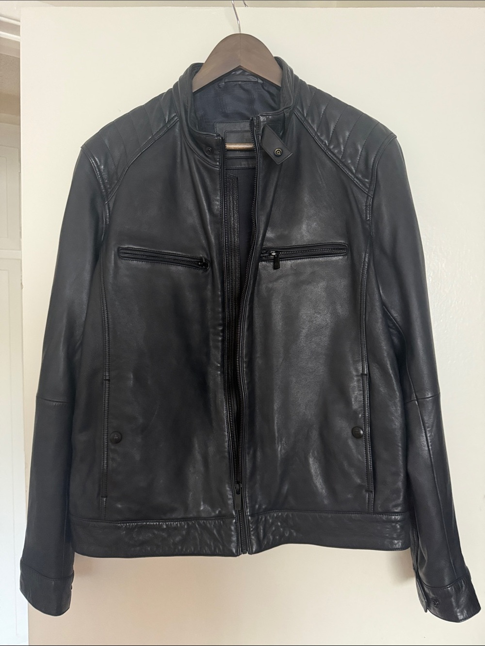 Used Massimo Dutti Dark Navy Leather Bomber Jacket